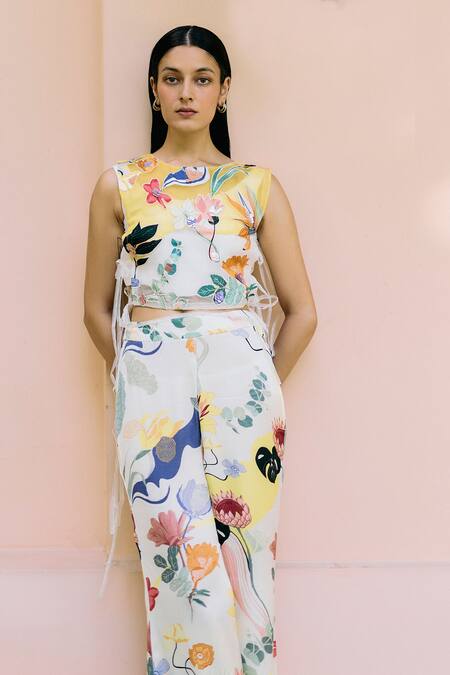 Studio Radical_Off White Organza, Cotton, Silk Satin Applique, Embroidery Work Bib Pant Set _Online_at_Aza_Fashions