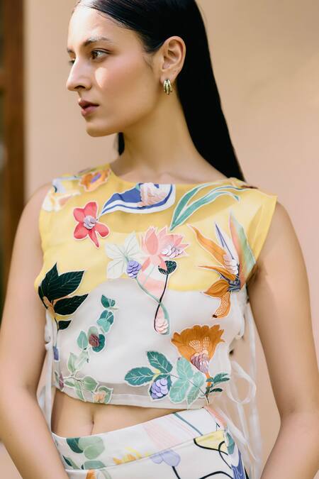 Buy_Studio Radical_Off White Organza, Cotton, Silk Satin Applique, Embroidery Work Bib Pant Set _Online_at_Aza_Fashions