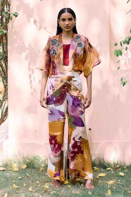 Studio Radical Multi Color Jacket Organza Embroidered Bead Lapel Collar Pant Set 