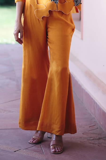 Studio Radical_Orange Organza, Cotton, Silk Patchwork Collared, Round Neck Sheer Shirt Pant Set _Online_at_Aza_Fashions