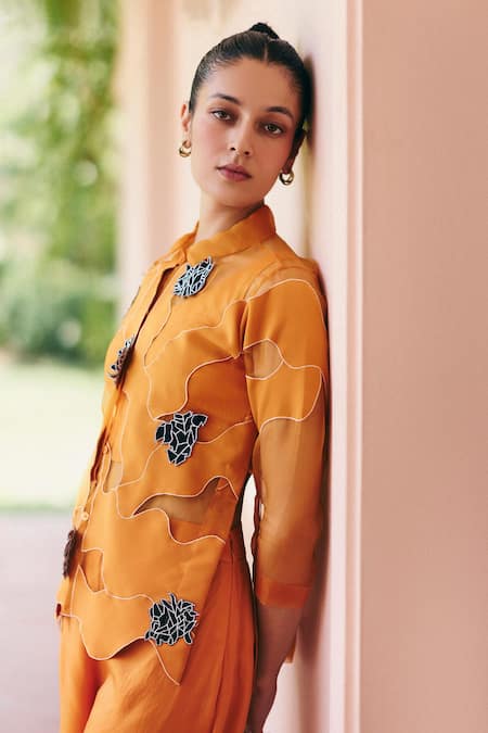 Shop_Studio Radical_Orange Organza, Cotton, Silk Patchwork Collared, Round Neck Sheer Shirt Pant Set _Online_at_Aza_Fashions
