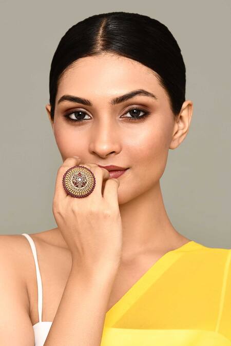 Buy_Nazaakat By Samara Singh_Gold Plated Diamonds, Beads Flora Carved Kundan Ring _Online_at_Aza_Fashions