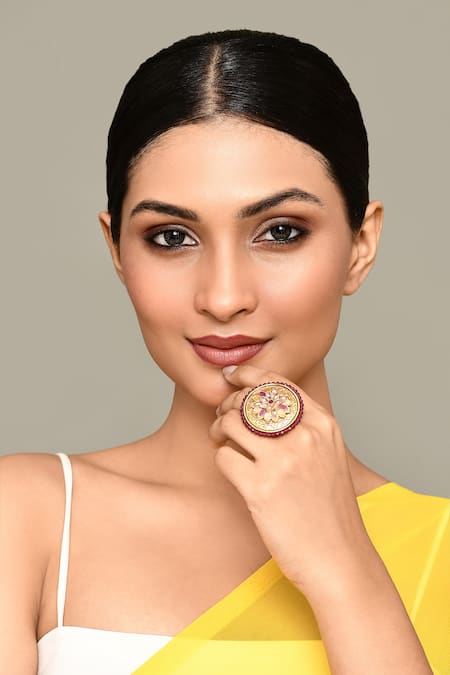 Buy_Nazaakat By Samara Singh_Gold Plated Beads, Diamonds Stone Studded Carved Ring _Online_at_Aza_Fashions