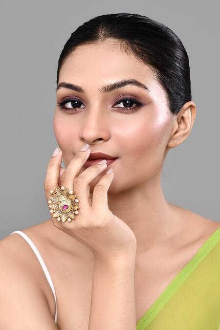 Buy_Nazaakat By Samara Singh_Gold Plated Beads, Diamonds Tear Drop Carved Ring _Online_at_Aza_Fashions