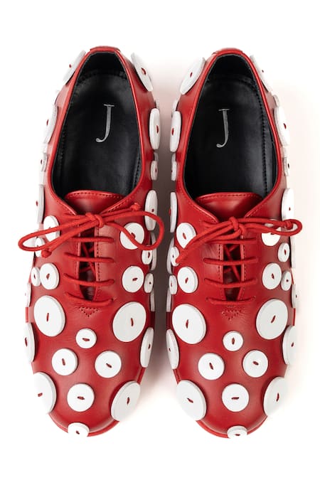 Jeetinder Sandhu Red Leather Button Embroidered Sneakers 