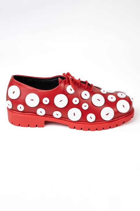Jeetinder Sandhu_Red Leather Button Embroidered Sneakers _Online_at_Aza_Fashions