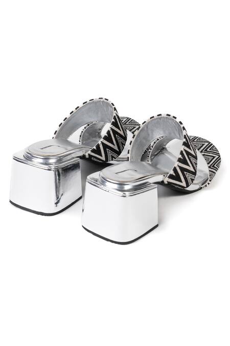 Buy_Jeetinder Sandhu_Silver Capri Geometric Woven Heels_Online_at_Aza_Fashions