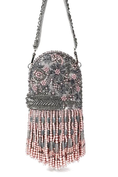 House Of Kosha Grey Cut Work, Pearls Azmat Suede Embellished Bag