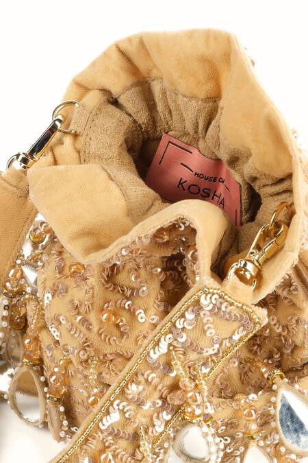 House Of Kosha Gold Sequins, Mirrors, Tassels Sheesh Mahal Embellished Potli Bag Online at Aza Fashions House Of Kosha_Gold Sequins, Mirrors, Tassels Sheesh Mahal Embellished Potli Bag _Online_at_Aza_Fashions