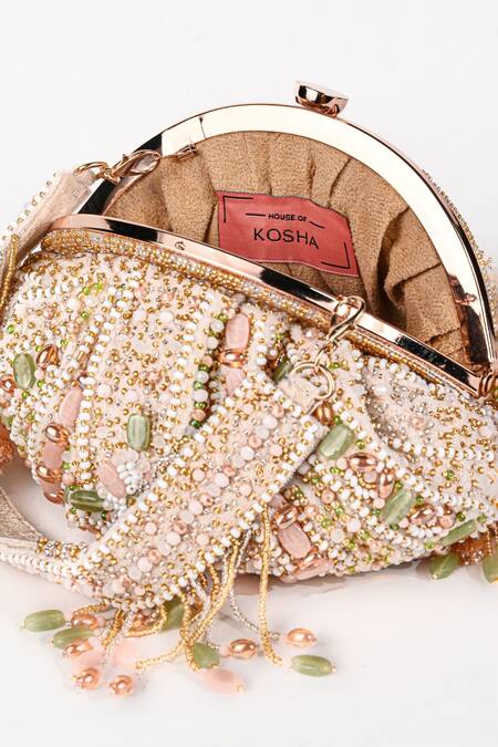 House Of Kosha_Ivory Pearls, Crystals, Diamonds Noor Embellished Asymmetric Tasseled Clutch _Online_at_Aza_Fashions