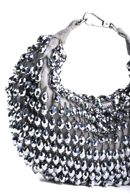 House Of Kosha Grey Crystals Ophelia Suede Embellished Hobo Bag Online at Aza Fashions House Of Kosha_Grey Crystals Ophelia Suede Embellished Hobo Bag _Online_at_Aza_Fashions