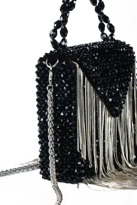 House Of Kosha Black Crystals Natali Suede Metal Hanging Embellished Bag Online at Aza Fashions House Of Kosha_Black Crystals Natali Suede Metal Hanging Embellished Bag _Online_at_Aza_Fashions