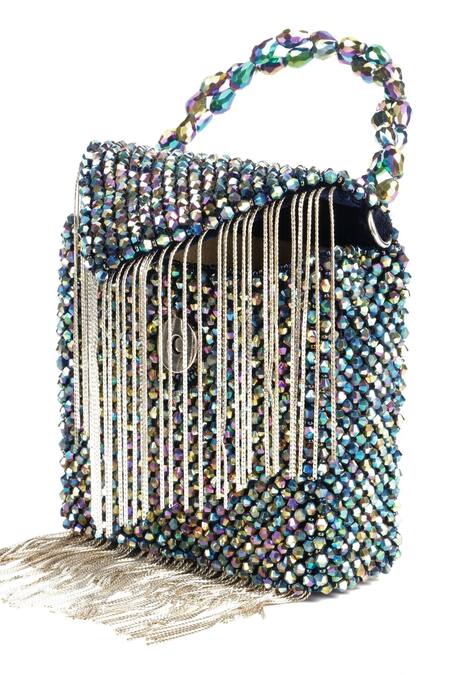 Shop_House Of Kosha_Multi Color Crystals Suede Embellished Bag _Online_at_Aza_Fashions