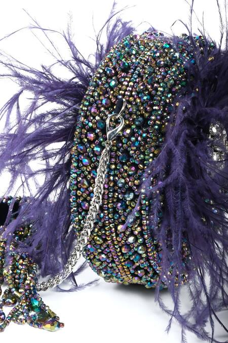 House Of Kosha Multi Color Feathers, Brooches Kiraz Embellished Round Clutch Online at Aza Fashions House Of Kosha_Multi Color Feathers, Brooches Kiraz Embellished Round Clutch _Online_at_Aza_Fashions