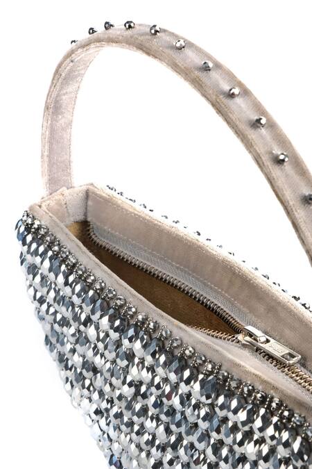 House Of Kosha_Silver Crystals Clara Moon Shaped Bag _Online_at_Aza_Fashions