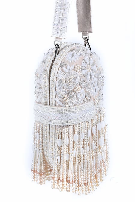 Shop House Of Kosha Ivory Cut Work, Beads, Zari Azmat Capsule Shaped Bag at Aza Fashions Shop_House Of Kosha_Ivory Cut Work, Beads, Zari Azmat Capsule Shaped Bag _at_Aza_Fashions