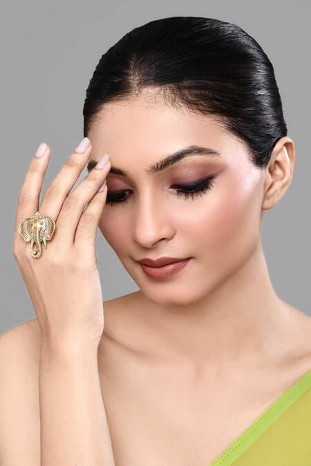 Buy_Nazaakat By Samara Singh_Gold Plated Gajamukh Carved Ring _Online_at_Aza_Fashions