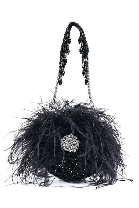 House of Kosha Black Feather Kiraz Crystal Embellished Clutch 