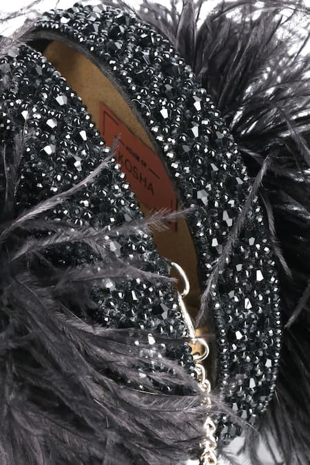 House Of Kosha Black Crystals, Feathers Kiraz Embellished Clutch Online at Aza Fashions House Of Kosha_Black Crystals, Feathers Kiraz Embellished Clutch _Online_at_Aza_Fashions