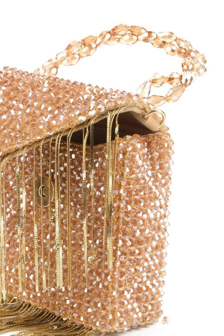 House Of Kosha_Gold Crystals, Chains Natali Metallic Embellished Bag _Online_at_Aza_Fashions