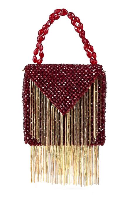 House Of Kosha_Maroon Crystals, Chains Natali Metallic Embellished Bag _Online_at_Aza_Fashions