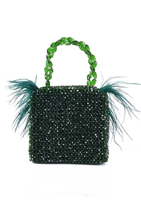 Shop_House Of Kosha_Green Crystals, Feathers Natali Embellished Bag _at_Aza_Fashions