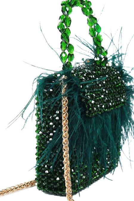 House Of Kosha_Green Crystals, Feathers Natali Embellished Bag _Online_at_Aza_Fashions