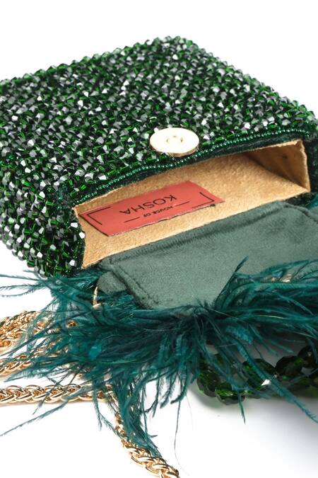 Buy_House Of Kosha_Green Crystals, Feathers Natali Embellished Bag _Online_at_Aza_Fashions