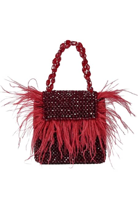 House Of Kosha Maroon Crystals, Feathers Natali And Embellished Bag Online at Aza Fashions House Of Kosha_Maroon Crystals, Feathers Natali And Embellished Bag _Online_at_Aza_Fashions