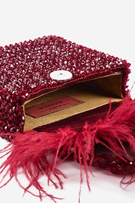 Shop House Of Kosha Maroon Crystals, Feathers Natali And Embellished Bag Online at Aza Fashions Shop_House Of Kosha_Maroon Crystals, Feathers Natali And Embellished Bag _Online_at_Aza_Fashions