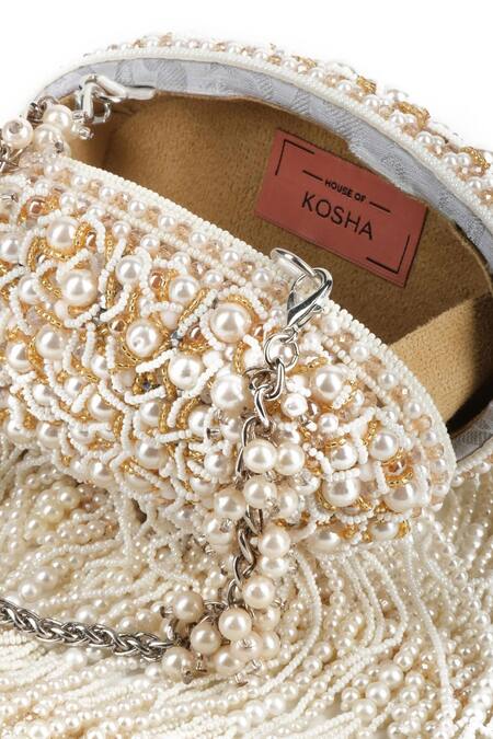 House Of Kosha_Ivory Pearls, Beads Chloe Embellished Clutch _Online_at_Aza_Fashions