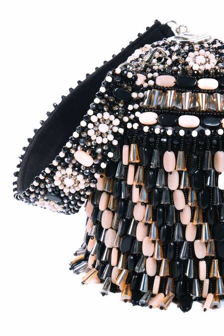 House Of Kosha_Black Crystals, Beads Elly Embellished Bucket Bag _Online_at_Aza_Fashions