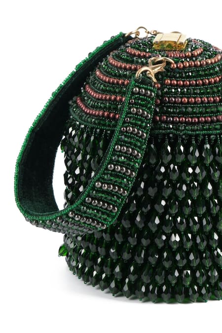 Shop House Of Kosha Green Crystals, Chains Diana Metallic Embellished Bucket Bag at Aza Fashions Shop_House Of Kosha_Green Crystals, Chains Diana Metallic Embellished Bucket Bag _at_Aza_Fashions