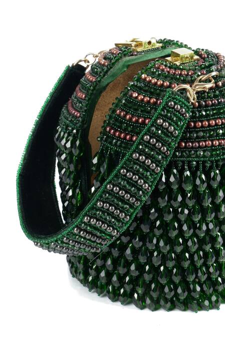 House Of Kosha Green Crystals, Chains Diana Metallic Embellished Bucket Bag Online at Aza Fashions House Of Kosha_Green Crystals, Chains Diana Metallic Embellished Bucket Bag _Online_at_Aza_Fashions