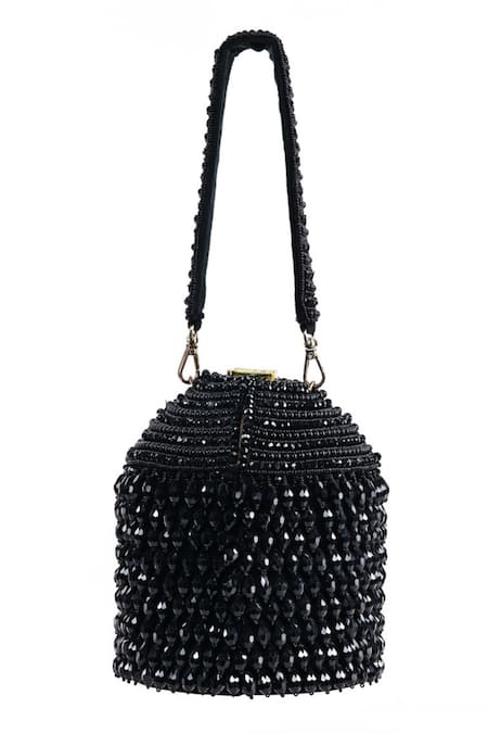 House of Kosha Black Crystal Diana Embellished Bucket Bag 