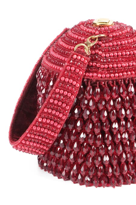 Shop House Of Kosha Maroon Crystals, Beads Diana Embellished Bucket Bag at Aza Fashions Shop_House Of Kosha_Maroon Crystals, Beads Diana Embellished Bucket Bag _at_Aza_Fashions
