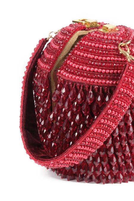 House Of Kosha Maroon Crystals, Beads Diana Embellished Bucket Bag Online at Aza Fashions House Of Kosha_Maroon Crystals, Beads Diana Embellished Bucket Bag _Online_at_Aza_Fashions