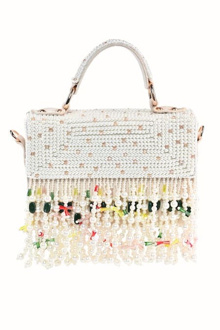 House of Kosha White Crystals Alia And Pearl Embellished Box Bag 