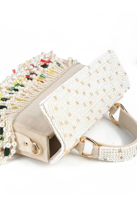 House Of Kosha White Pearls, Crystals, Beads Alia And Embellished Box Bag Online at Aza Fashions House Of Kosha_White Pearls, Crystals, Beads Alia And Embellished Box Bag_Online_at_Aza_Fashions