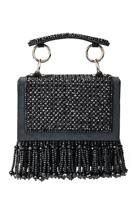 House of Kosha Black Crystals Melody Bead Embellished Box Bag 