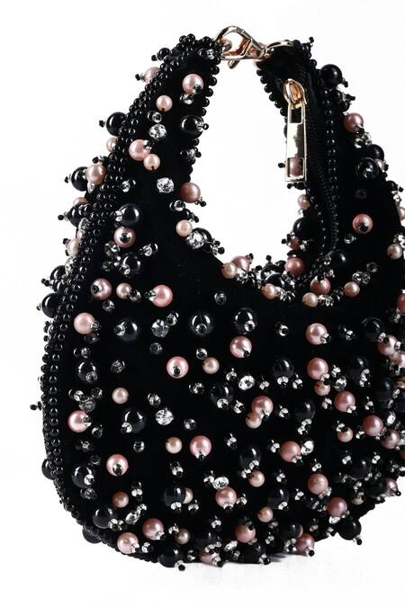 House Of Kosha_Black Pearls, Beads, Stones Aliya And Embellished Hobo Bag_Online_at_Aza_Fashions