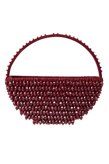 House of Kosha Maroon Crystals Clara Embellished Crescent Bag 