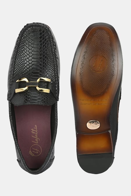 Shop_Lafattio_Black Croc Skin Buckled Loafers _at_Aza_Fashions