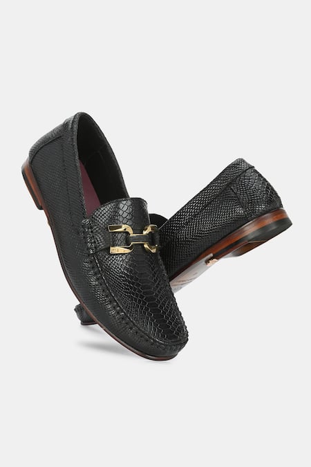 Lafattio_Black Croc Skin Buckled Loafers _at_Aza_Fashions
