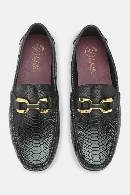 Buy_Lafattio_Black Croc Skin Buckled Loafers 