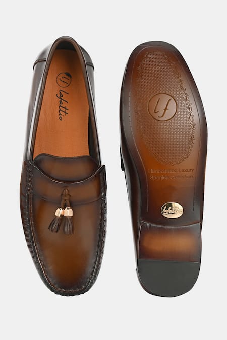 Lafattio Brown Leather Tassel Loafers 