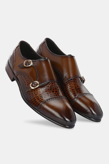 Lafattio_Brown Mallorca Double Monk Strap Colorblocked Shoes_Online_at_Aza_Fashions