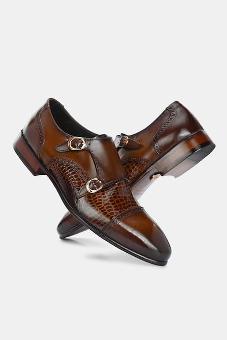 Lafattio_Brown Mallorca Double Monk Strap Colorblocked Shoes_at_Aza_Fashions