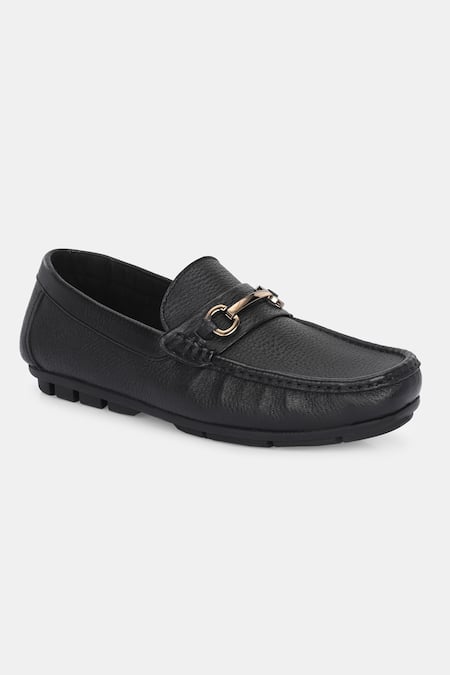 Lafattio_Black Pashmina Leather Textured Buckled Loafers _Online_at_Aza_Fashions