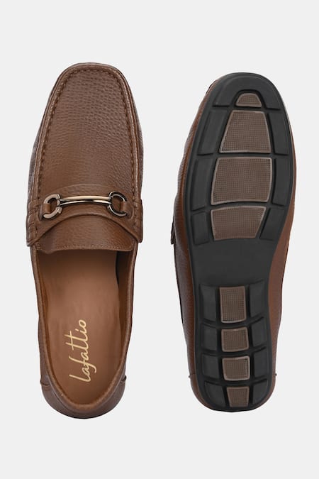 Shop_Lafattio_Brown Pashmina Leather Textured Loafers _at_Aza_Fashions
